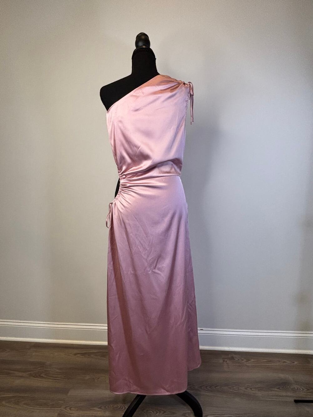 PRETTYGARDEN Satin Maxi Dress S Pink One Shoulder Cutout Ruched Slit NWT